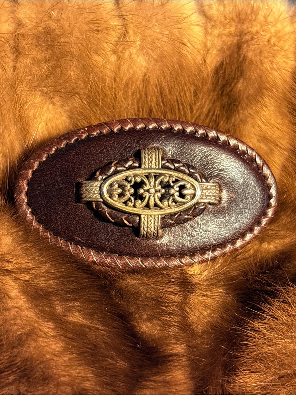 Brighton Like Brown Leather Silver Filigree Hair Clip Oval 3”